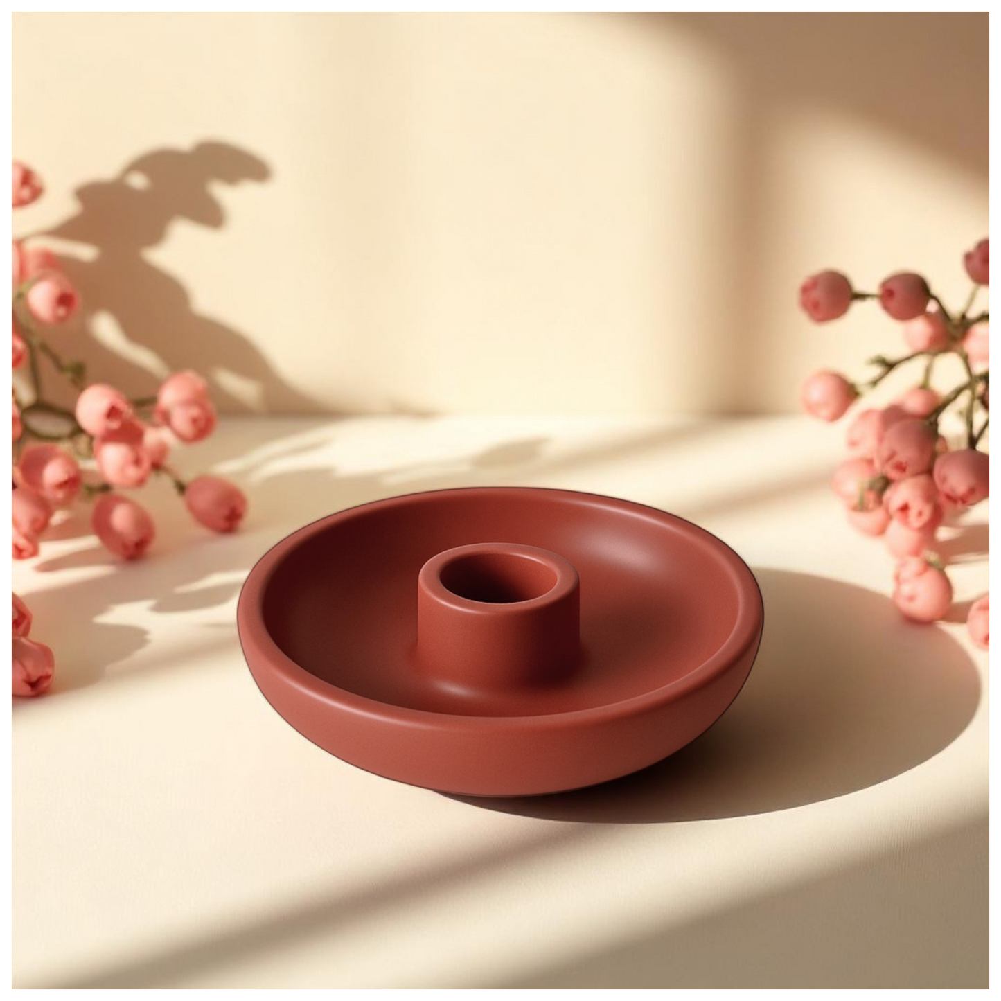 LIORA - a candle holder from SIMT:artelier, handcrafted earthy red Jesmonite functional form for soulful, intentional spaces