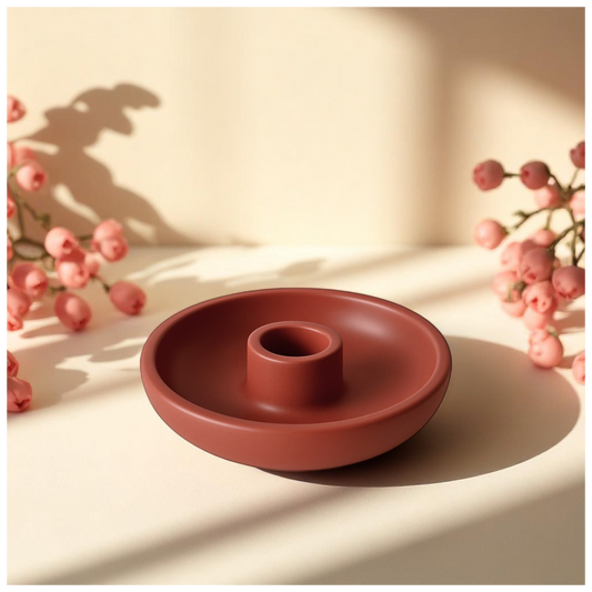 LIORA - a candle holder from SIMT:artelier, handcrafted earthy red Jesmonite functional form for soulful, intentional spaces